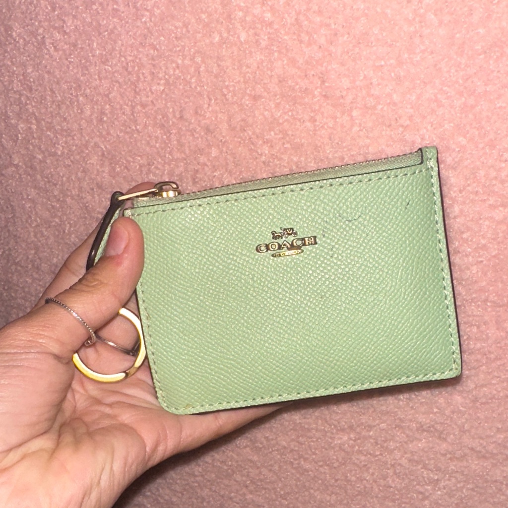 Coach Mint Green Leather Card Holder With Key Ring